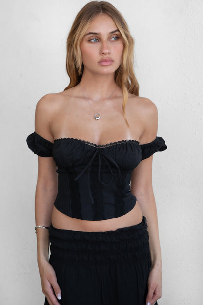 Adelie Off The Shoulder Short Sleeve Lace Back Poplin Top