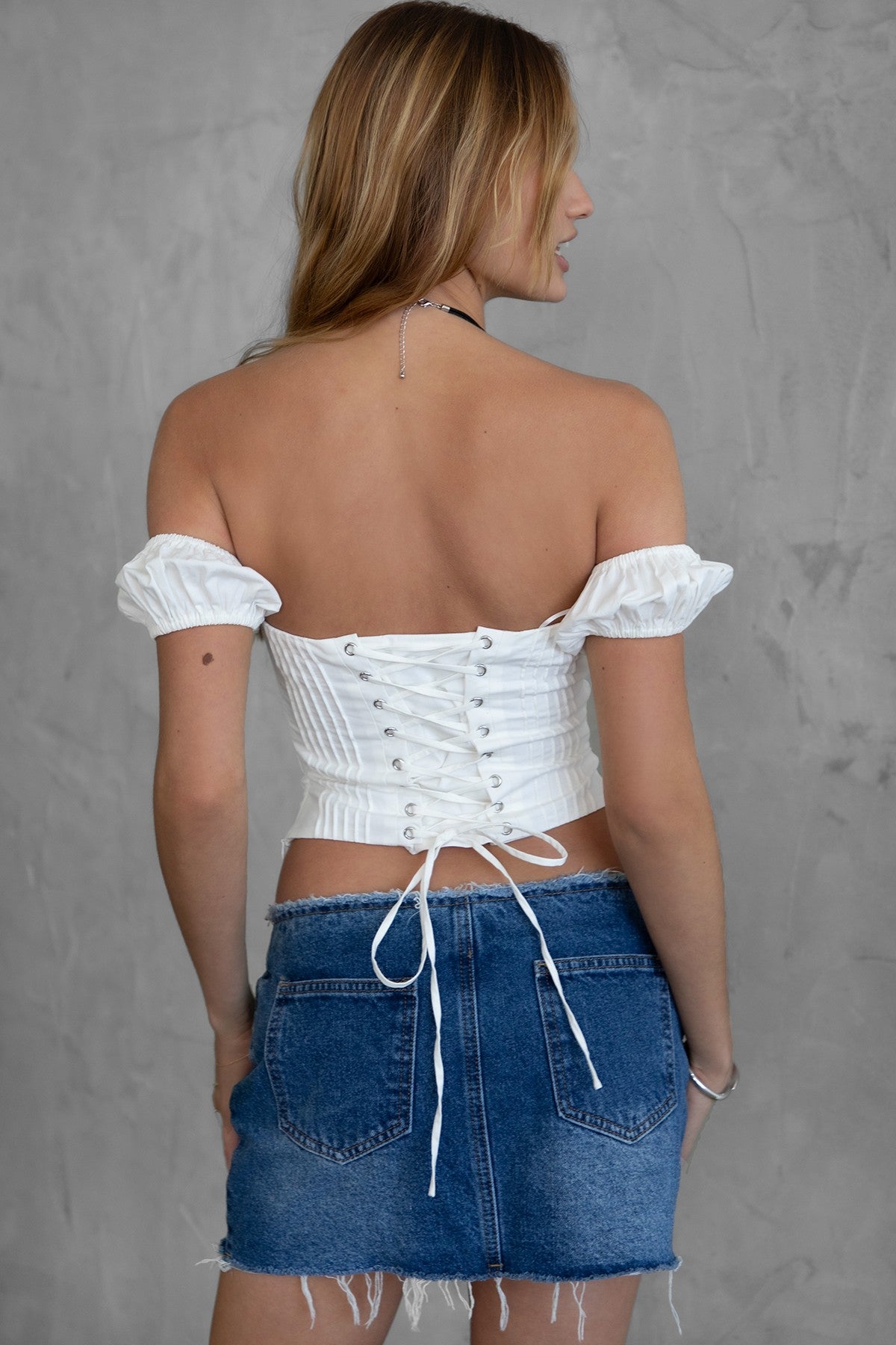 Adelie Off The Shoulder Short Sleeve Lace Back Poplin Top