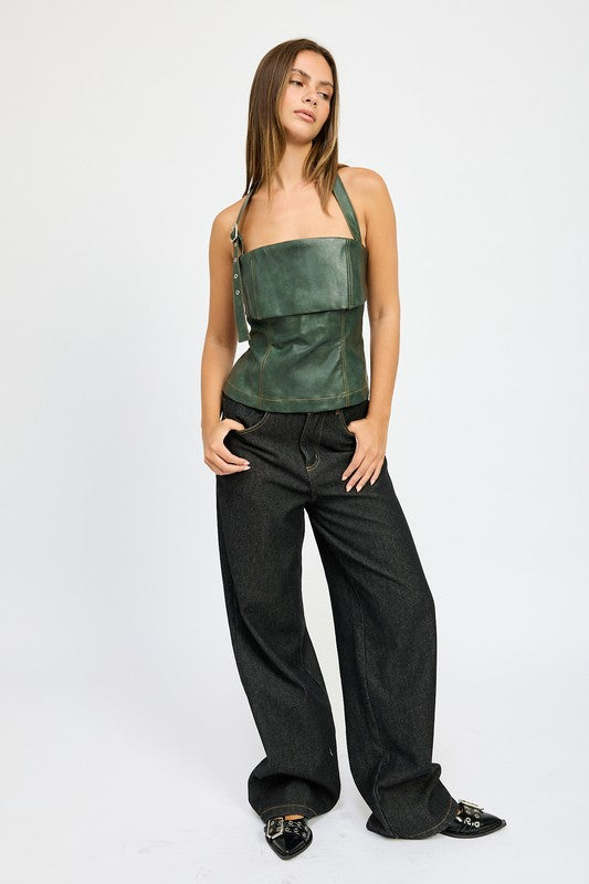 Dania Low Rise Contrast Stitch Wide Leg Jeans