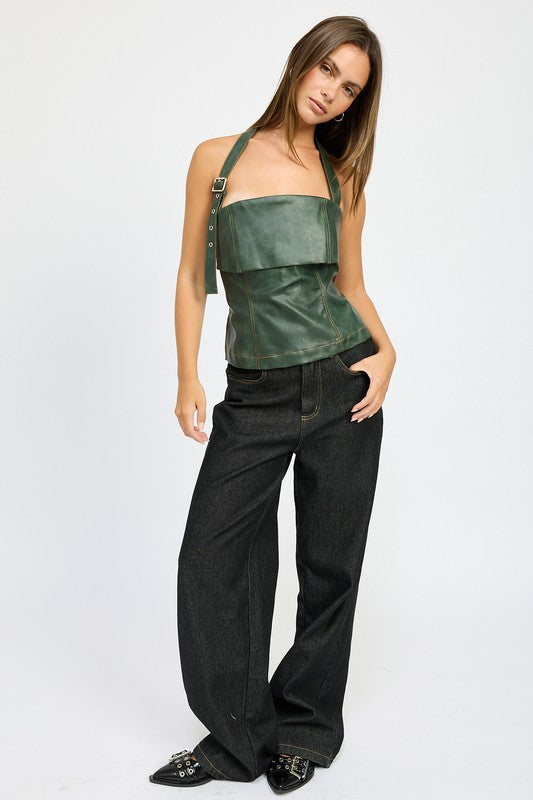 Dania Low Rise Contrast Stitch Wide Leg Jeans