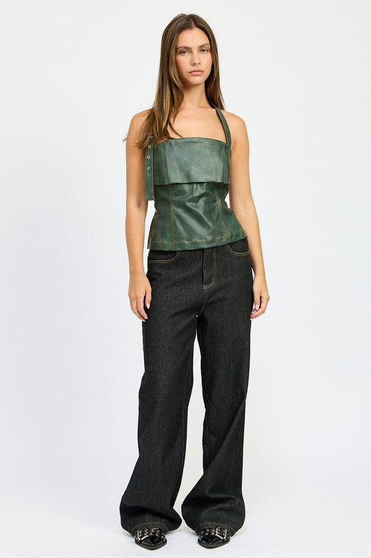Dania Low Rise Contrast Stitch Wide Leg Jeans