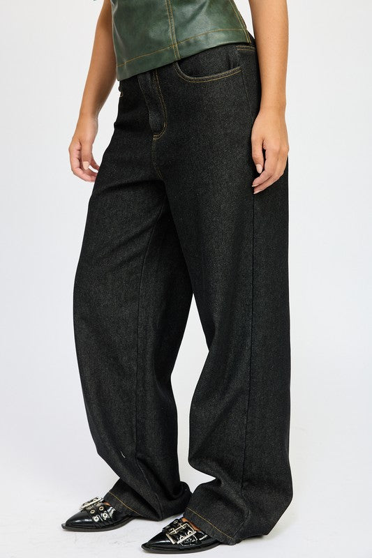Dania Low Rise Contrast Stitch Wide Leg Jeans