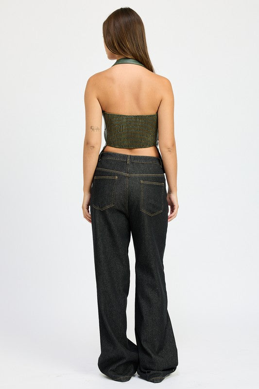 Dania Low Rise Contrast Stitch Wide Leg Jeans