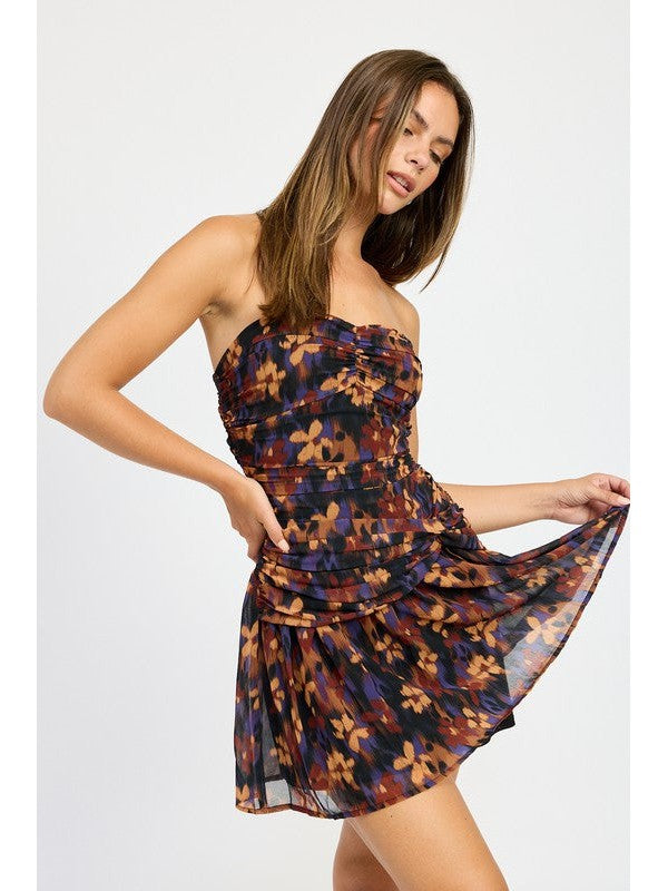 Mariana Floral Print Drop Waist Mesh Mini Dress