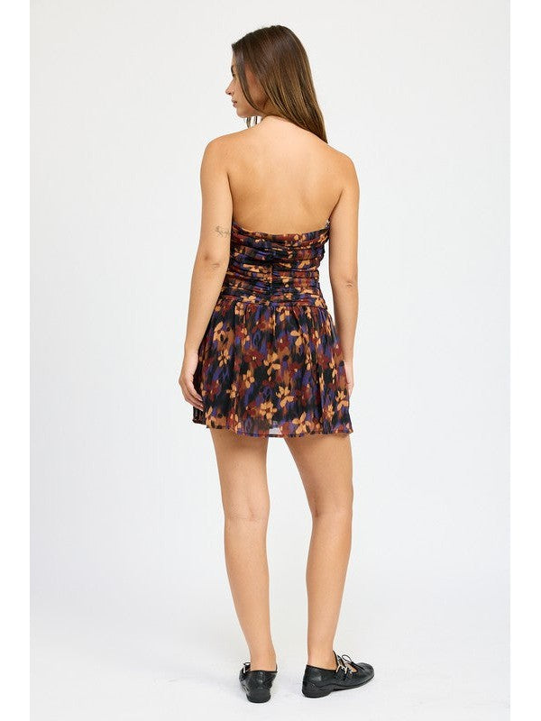 Mariana Floral Print Drop Waist Mesh Mini Dress