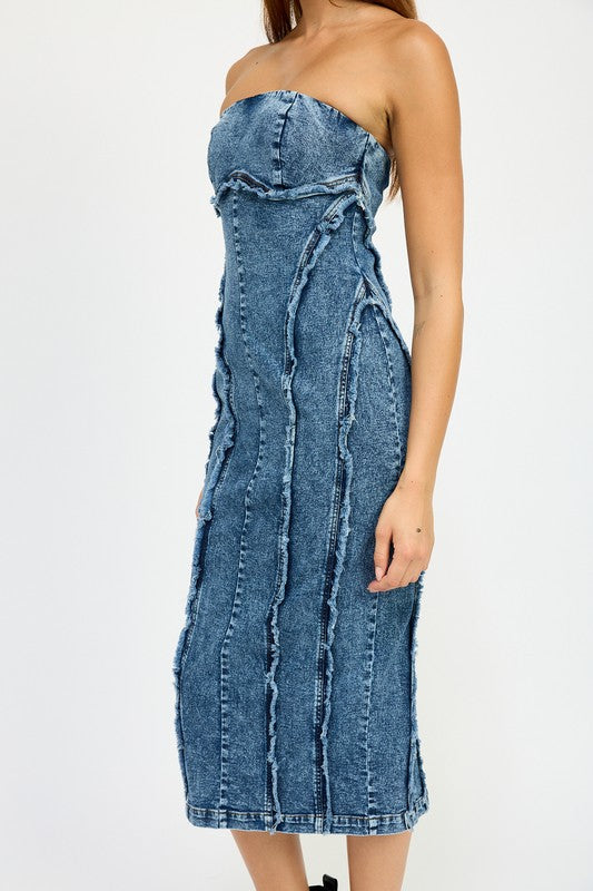 Jazmyn Strapless Bandeau Denim Bodycon Midi Dress