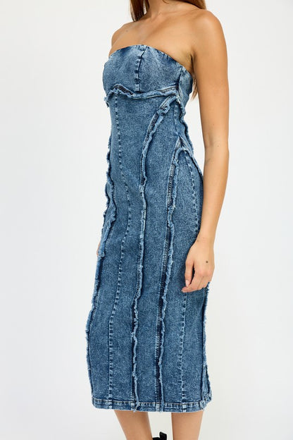 Jazmyn Strapless Bandeau Denim Bodycon Midi Dress