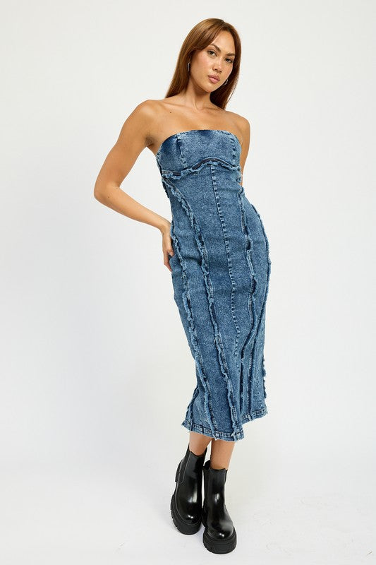 Jazmyn Strapless Bandeau Denim Bodycon Midi Dress