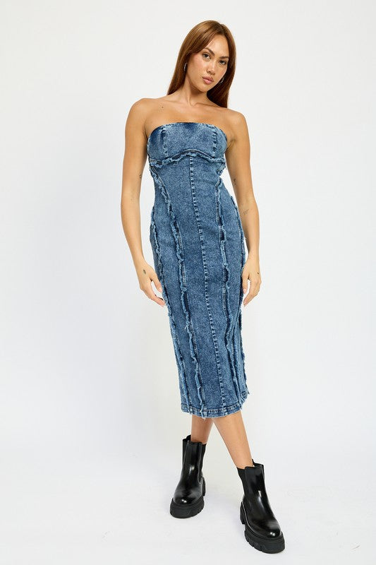 Jazmyn Strapless Bandeau Denim Bodycon Midi Dress