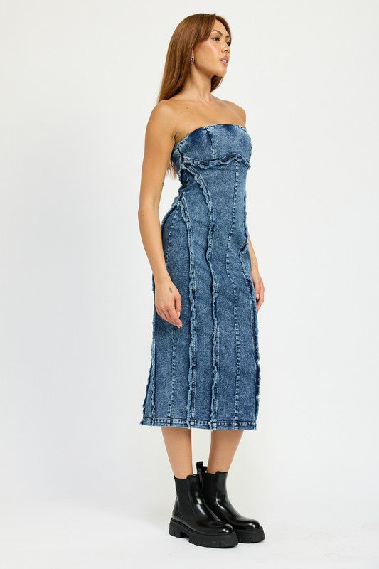 Jazmyn Strapless Bandeau Denim Bodycon Midi Dress