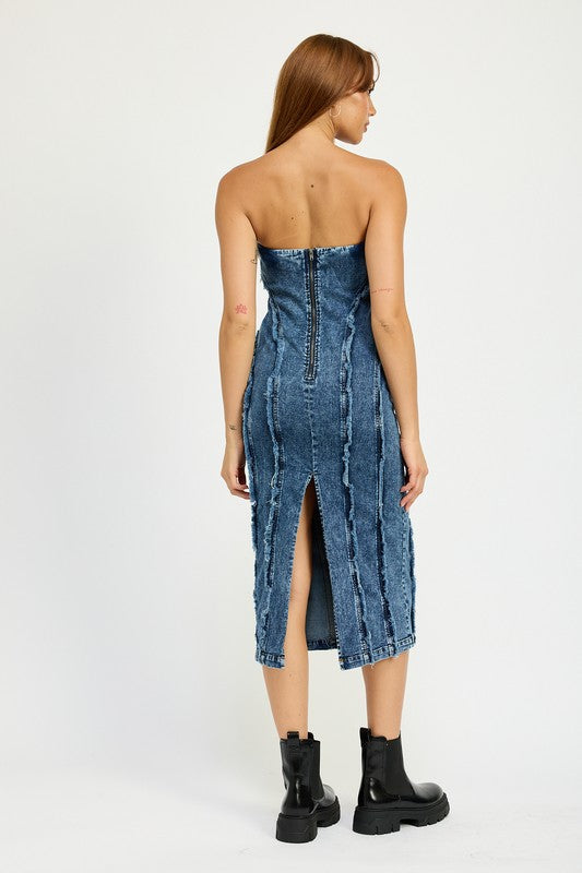 Jazmyn Strapless Bandeau Denim Bodycon Midi Dress