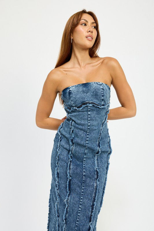 Jazmyn Strapless Bandeau Denim Bodycon Midi Dress