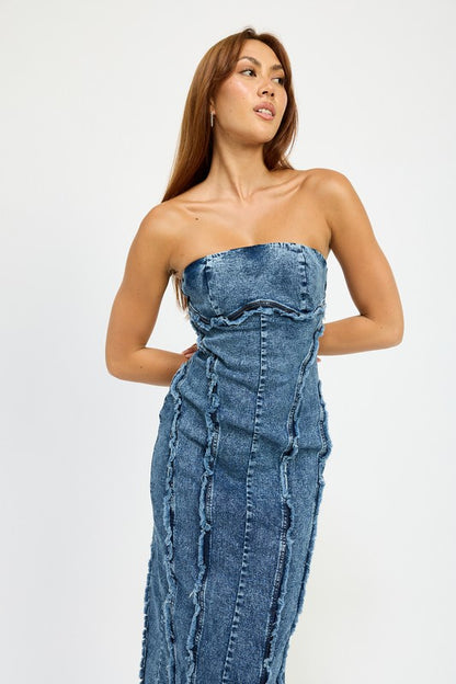 Jazmyn Strapless Bandeau Denim Bodycon Midi Dress