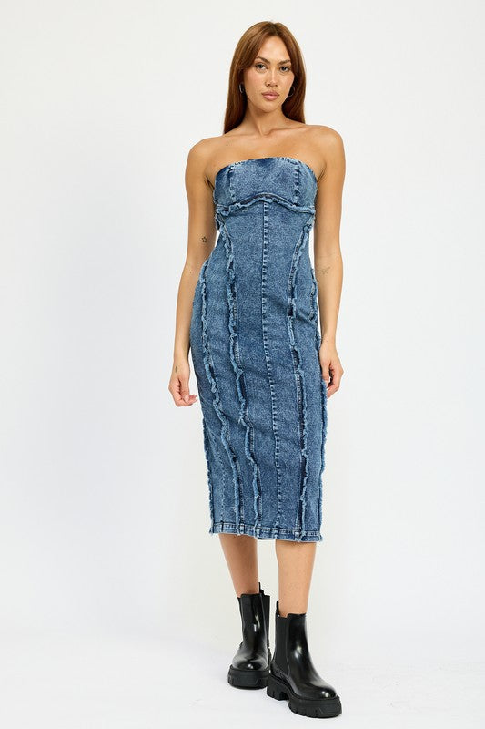Jazmyn Strapless Bandeau Denim Bodycon Midi Dress