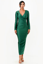 Amirah Plunge Neck Wrap Front Tricot Bodycon Maxi Dress