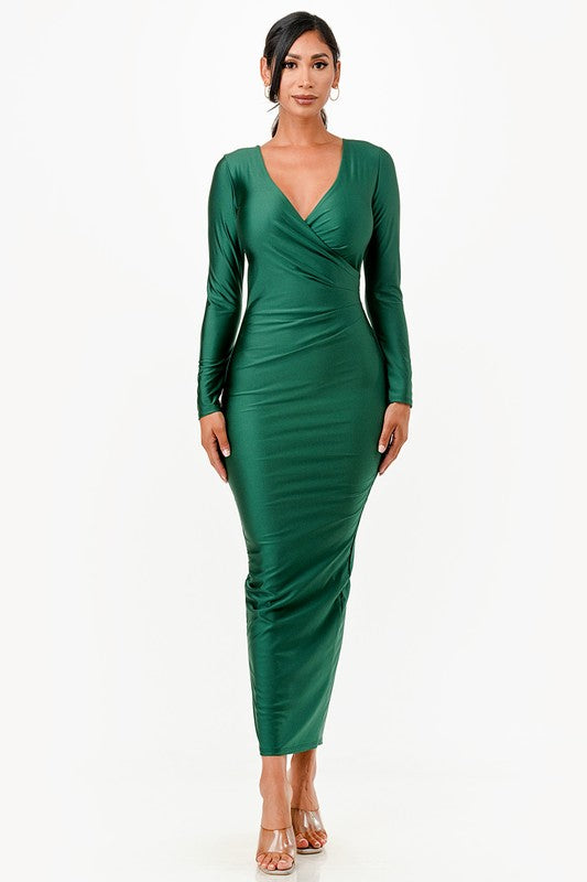 Amirah Plunge Neck Wrap Front Tricot Bodycon Maxi Dress