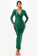 Amirah Plunge Neck Wrap Front Tricot Bodycon Maxi Dress