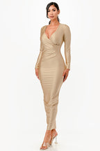 Amirah Plunge Neck Wrap Front Tricot Bodycon Maxi Dress
