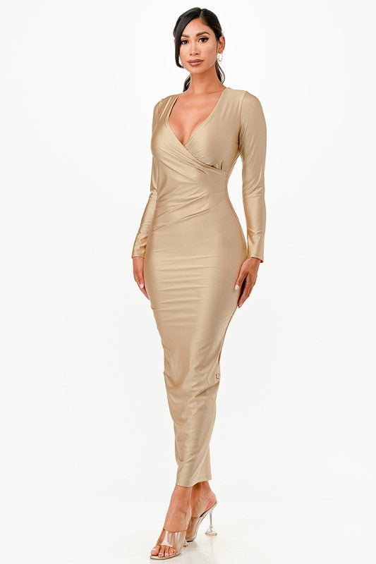 Amirah Plunge Neck Wrap Front Tricot Bodycon Maxi Dress