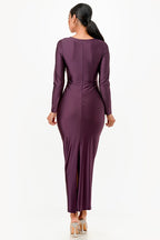 Amirah Plunge Neck Wrap Front Tricot Bodycon Maxi Dress