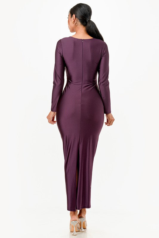 Amirah Plunge Neck Wrap Front Tricot Bodycon Maxi Dress