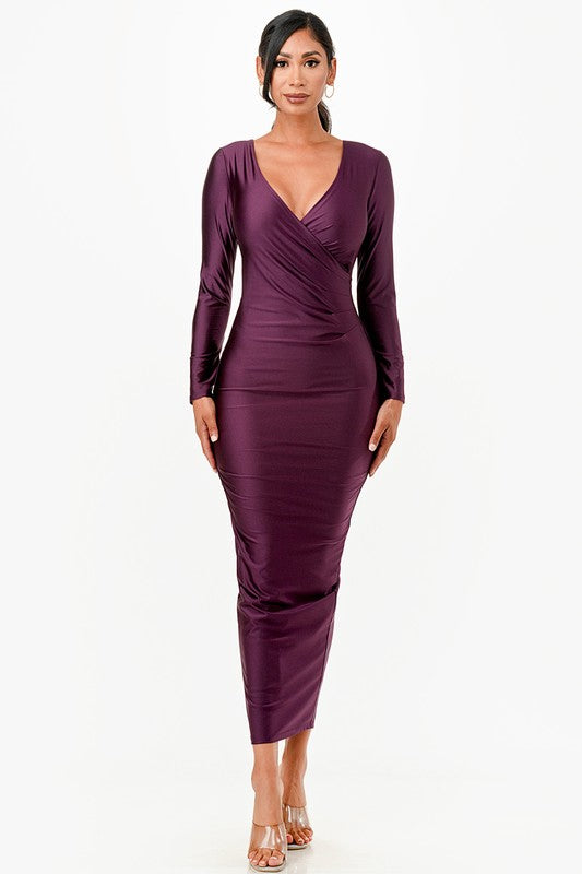 Amirah Plunge Neck Wrap Front Tricot Bodycon Maxi Dress