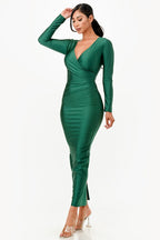 Amirah Plunge Neck Wrap Front Tricot Bodycon Maxi Dress