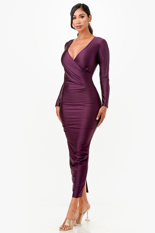 Amirah Plunge Neck Wrap Front Tricot Bodycon Maxi Dress