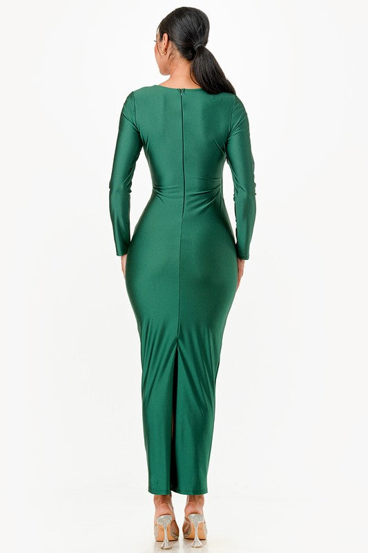 Amirah Plunge Neck Wrap Front Tricot Bodycon Maxi Dress