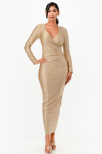 Amirah Plunge Neck Wrap Front Tricot Bodycon Maxi Dress