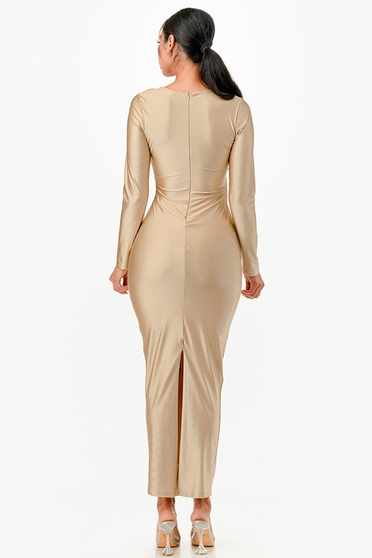 Amirah Plunge Neck Wrap Front Tricot Bodycon Maxi Dress