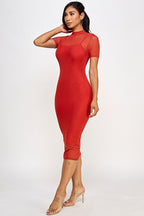 Belinda Sheer Mock Neck Bodycon Mesh Midi Dress