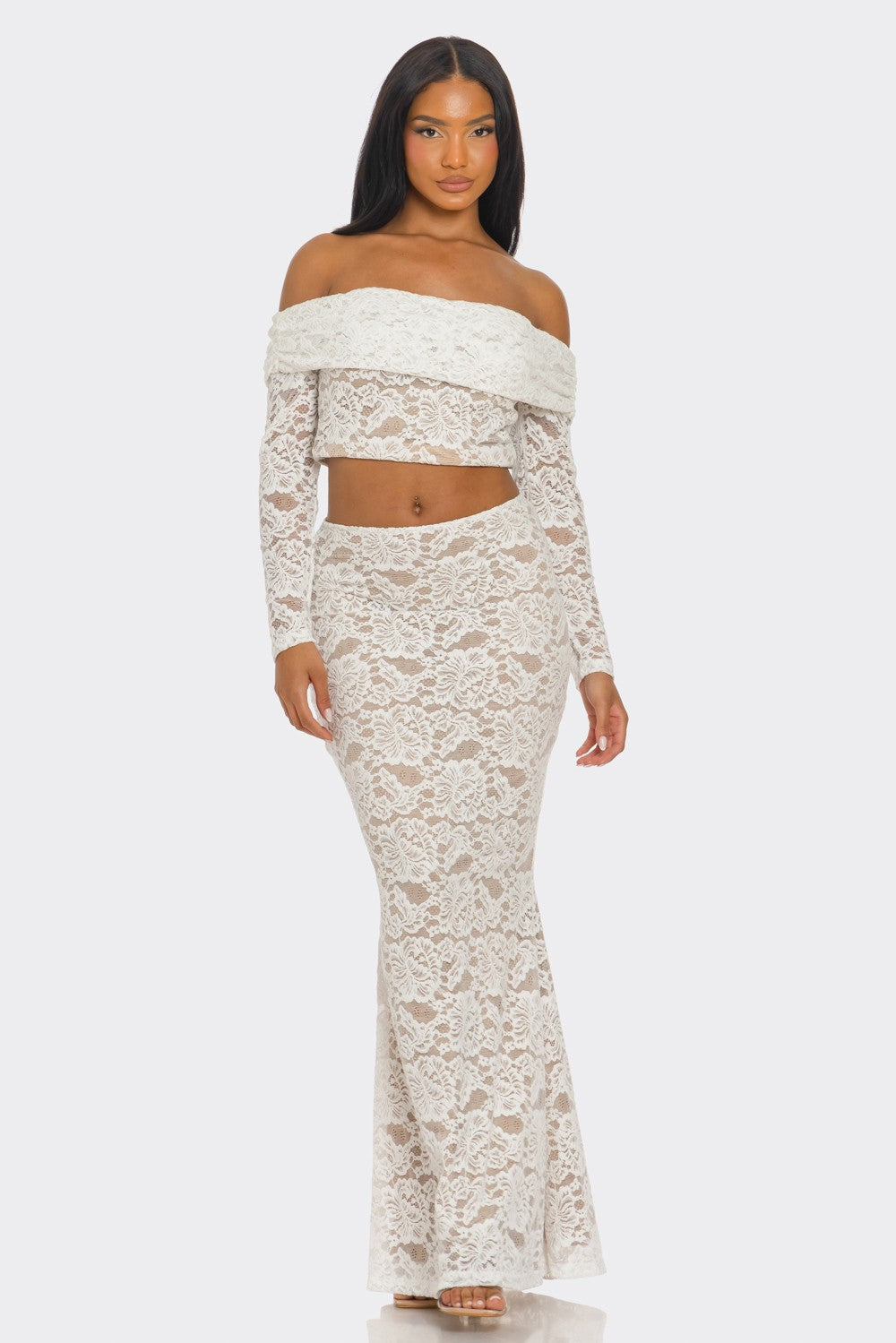 Yasmine Lace Knit Off The Shoulder Maxi Skirt Set