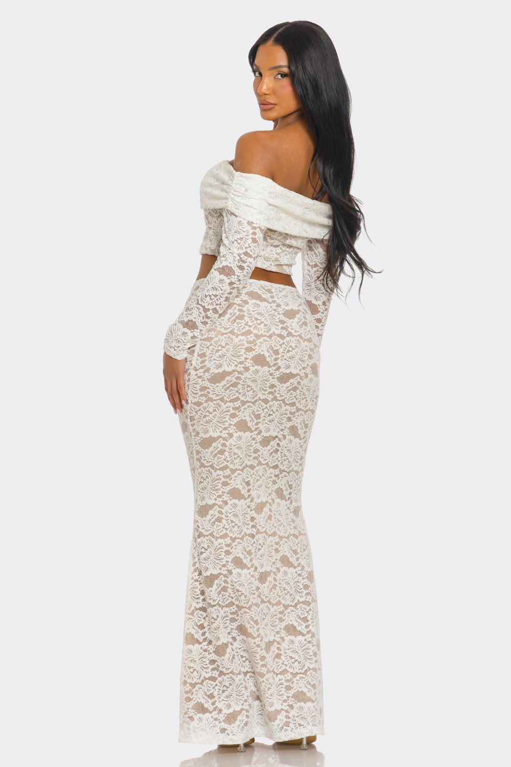 Yasmine Lace Knit Off The Shoulder Maxi Skirt Set