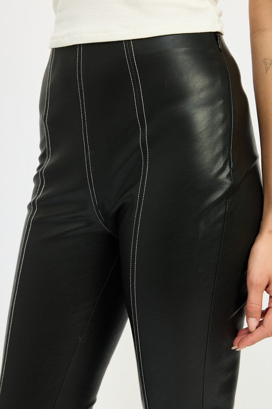 Misty Contrast Stitch High Waist Leather Pants
