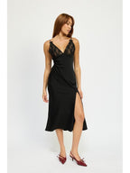 Sofia Lace Bust Mini Bow Front Slit Satin Midi Dress