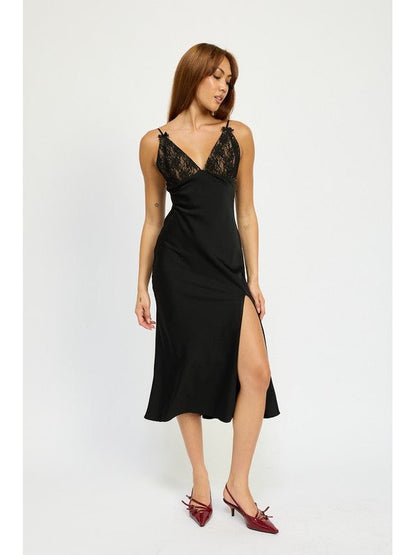 Sofia Lace Bust Mini Bow Front Slit Satin Midi Dress