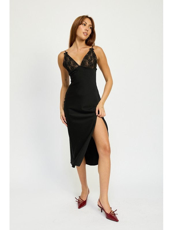 Sofia Lace Bust Mini Bow Front Slit Satin Midi Dress