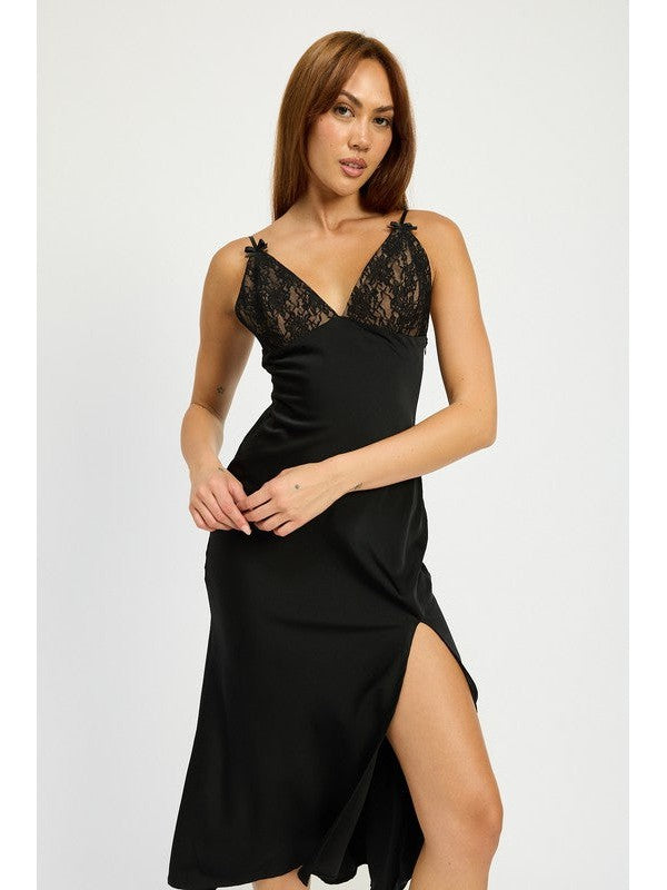 Sofia Lace Bust Mini Bow Front Slit Satin Midi Dress