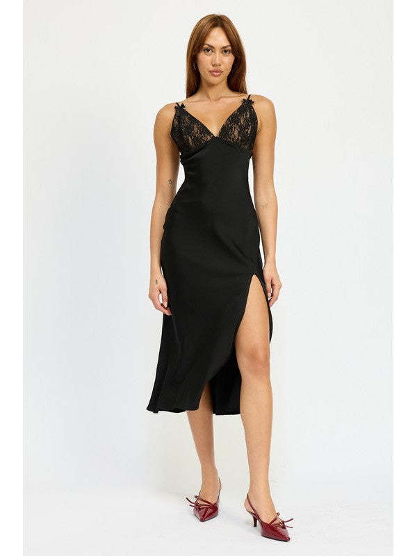 Sofia Lace Bust Mini Bow Front Slit Satin Midi Dress