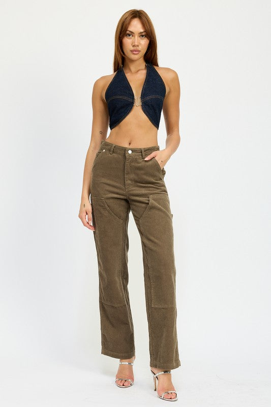 Morgana Cut Out Ring Detail Denim Halter Crop Top