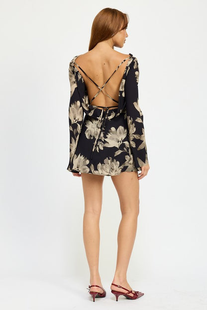 Sasha Cowl Neck Bell Sleeves Open Back Flare Mini Dress