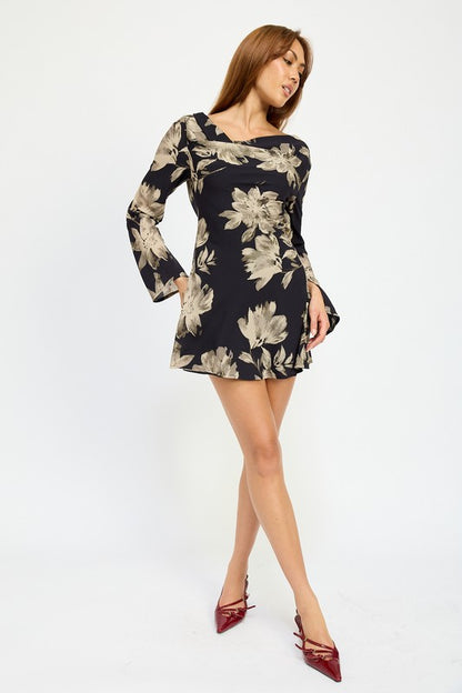 Sasha Cowl Neck Bell Sleeves Open Back Flare Mini Dress