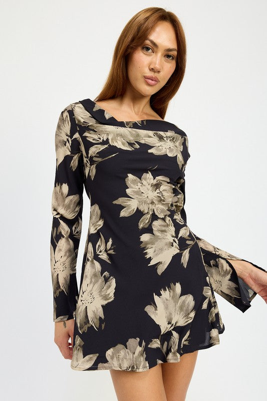 Sasha Cowl Neck Bell Sleeves Open Back Flare Mini Dress
