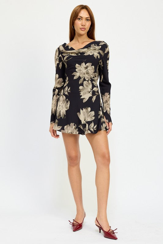 Sasha Cowl Neck Bell Sleeves Open Back Flare Mini Dress