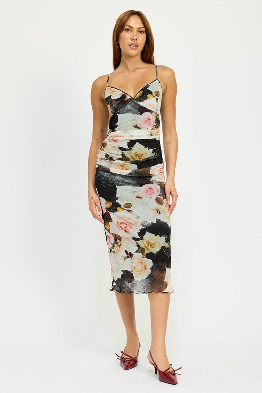 Megara V Neck Ruched Cami Mesh Midi Dress
