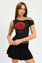 Mayra Rose Print Asymmetric Cold Shoulder Top