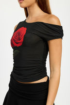 Mayra Rose Print Asymmetric Cold Shoulder Top