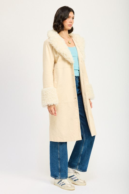 Marley Faux Shearling Collar & Cuff Double Breasted Midi Coat