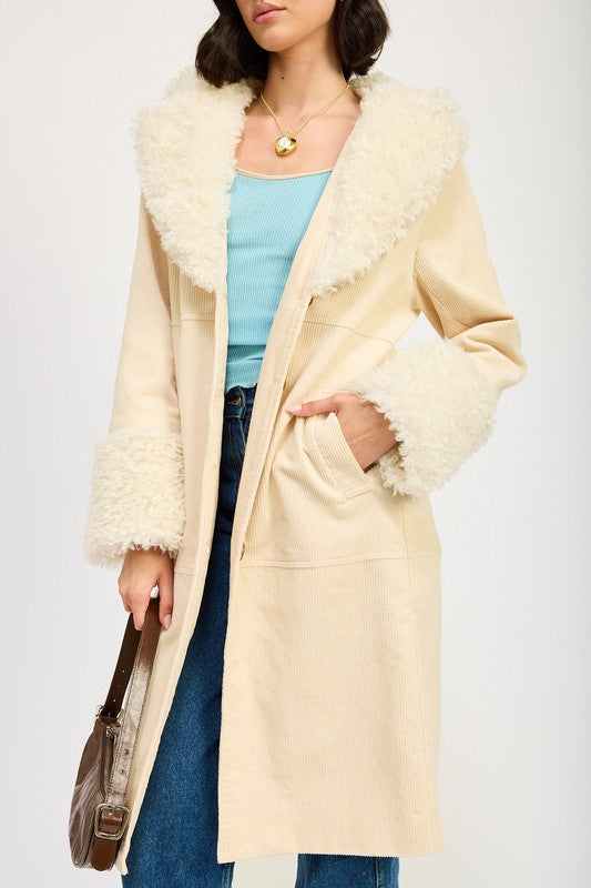 Marley Faux Shearling Collar & Cuff Double Breasted Midi Coat